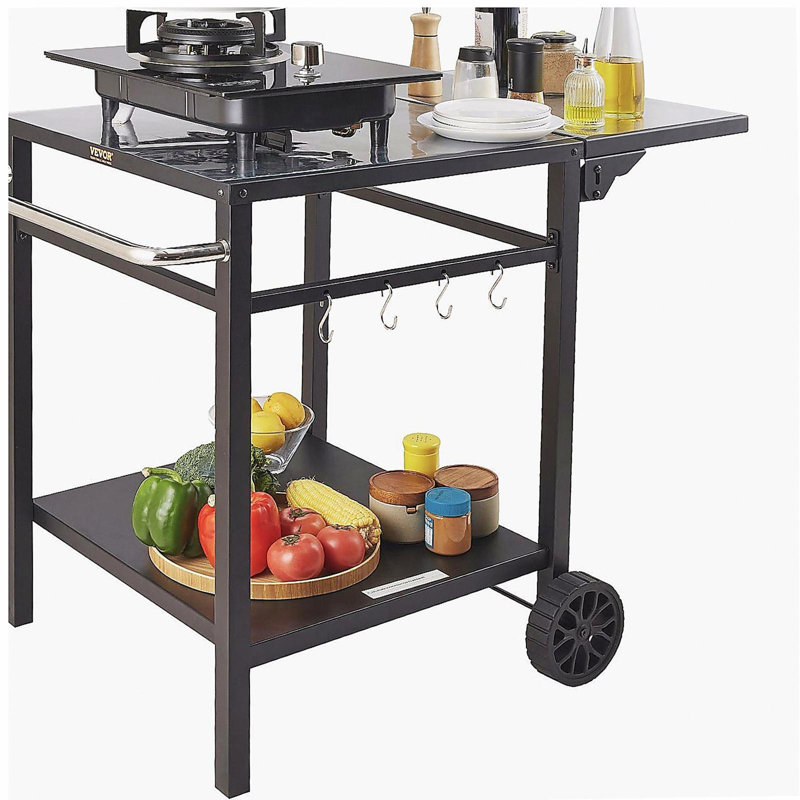 Outdoor barbecue food cart, with double-tier stand, movable barbecue food preparation table, multi-functional folding metal table, portable modular trolley, suitable for pizza oven, two-wheeled work station with handle