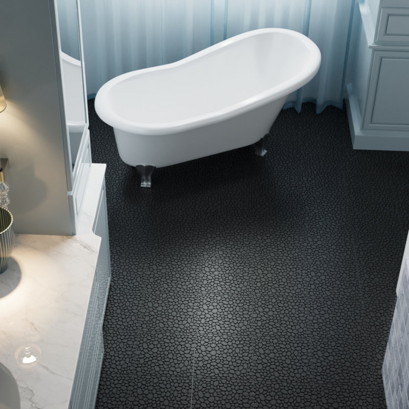 Carreaux de terrasse 12 po x 12 po en plastique noir à emboîtement, carreaux de sol antidérapants et imperméables pour la douche dans la salle de bain, motif de galets, capacité de charge de 440 lb, paquet de 60