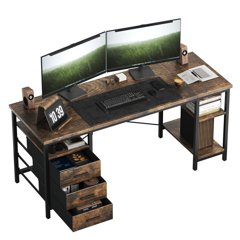 Metal Base Computer Desk,Gaming Desk with 3 Fabric Drawers & Storage Shelves, Writing Work Study Desk for Home Office Bedroom, Modern Simple Student PC Desks Table