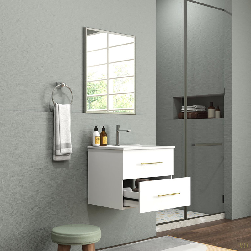 Ensemble de meuble-lavabo mural 24 po avec lavabo et miroir, deux tiroirs, lavabo en céramique, structure en aluminium, assemblage facile, métal à poignée longue, 2 tiroirs de rangement
