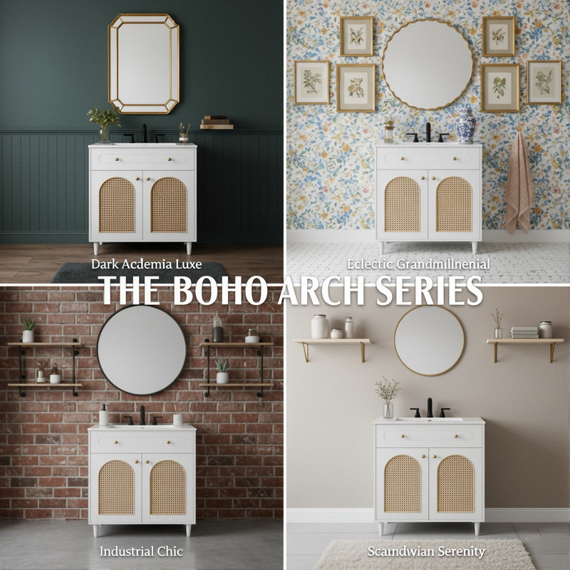 30" Freestanding Vanity Cabinet With Tip-Out Tray, Solid Wood & Rattan Storage Unit With Ceramic Top (Walnut / White), White