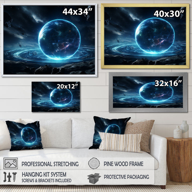 Blue And Black Cosmic Plaet I - Space Planet Wall Art, 24" H x 32" W x 1" D, Black Floater Framed