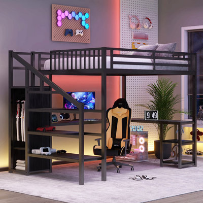 Grand lit mezzanine en métal avec garde-robe et éclairage à DEL, grand lit mezzanine avec bureau en L et USB pour enfants, adolescents, adultes