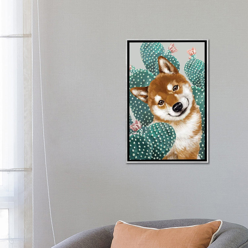 Shiba shiba avec cactus, H 26 po x l 18 po x P 1,5 po, Toile avec cadre argenté