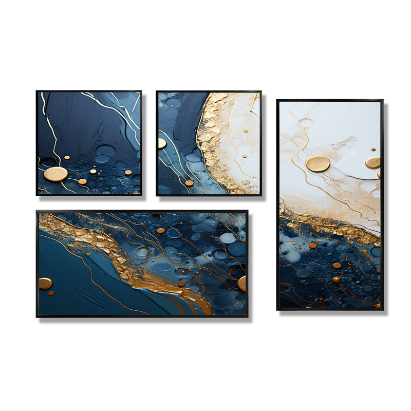 Encre de marbre dorée et bleue IV - art mural abstrait à encre liquide 4 pièces, Impression encadrée sans passe-partout, Noir