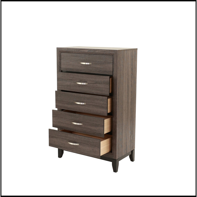 Kristopher Wooden Chest with 5 Drawers & Metal Handle, Brown