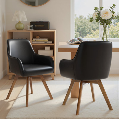 Advika 4.3" Thick Sponge Cushioned Seat, Mid-Century Modern Swivel Dining Chair, 360° Rotating Upholstered Armchair With PU Leather, Beech Wood Legs, Ergonomic High Back & Armrests, Comfortable Accent Chair