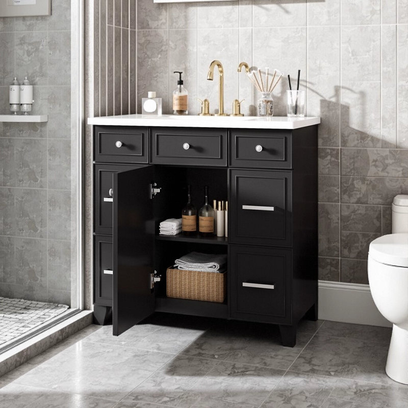 Armoire de meuble-lavabo noir 36 po avec lavabo en résine