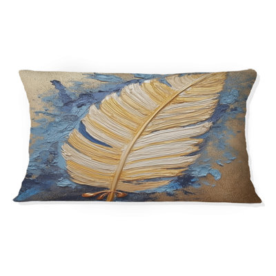 Boho Glam exquis or sur plume bleue, peinture - coussin décoratif imprimé de plumes
