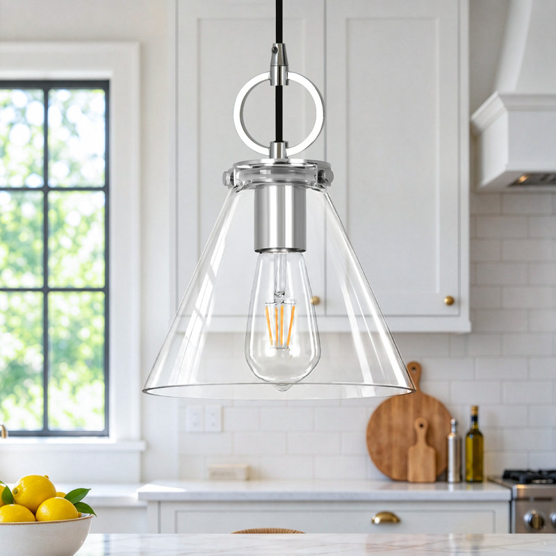 Suspension Levona à une lumière pour îlot de cuisine, cône en verre transparent, laiton, Brass