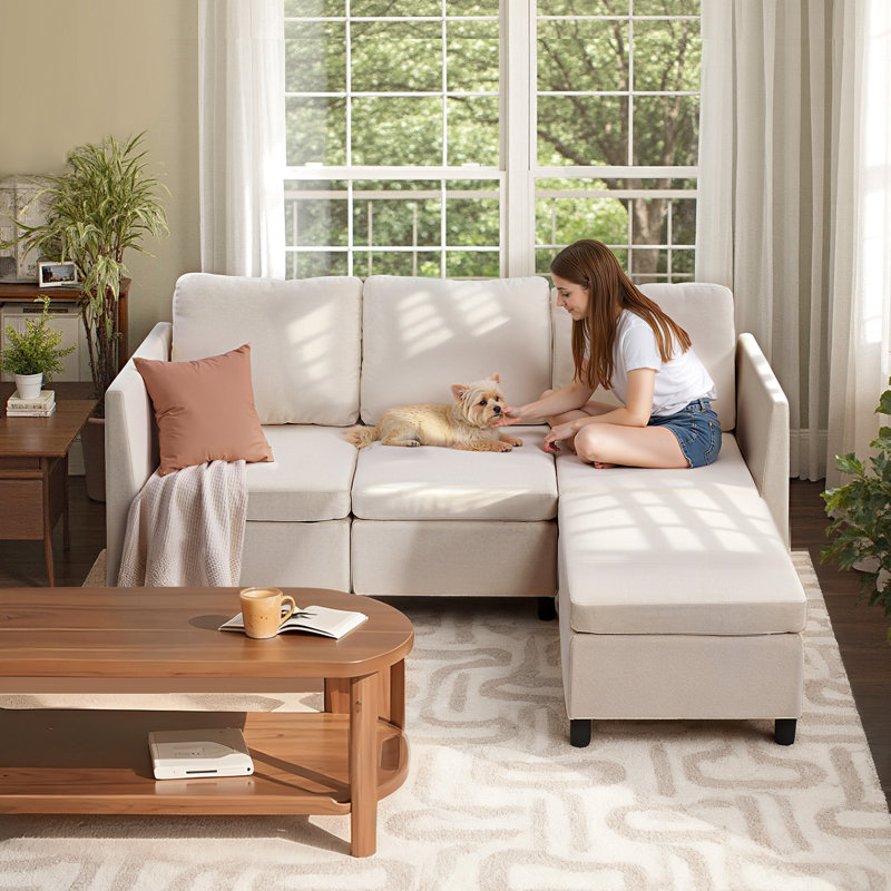 Canapé modulaire modulaire, canapé modulaire 3 places avec rangement caché, canapé modulaire Cloud avec repose-pieds et éponge à rebond élevé, canapé rembourré avec cadre en bois massif pour le salon, la chambre à coucher, beige