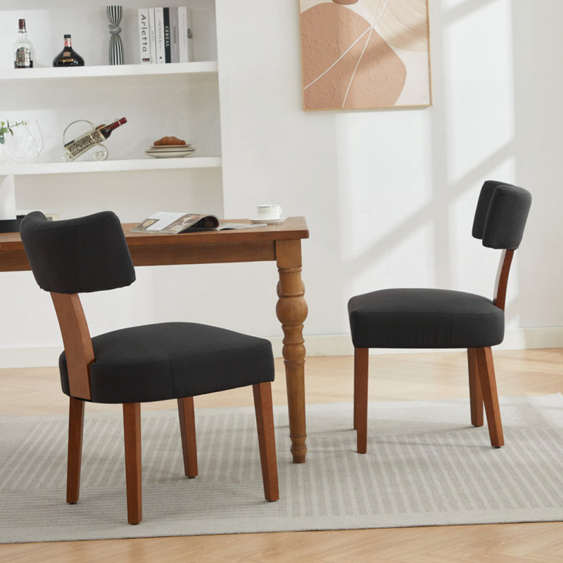 Ensemble de 2 chaises de salle à manger sans accoudoirs modernes en tissu de lin avec pieds en bois massif, Noir