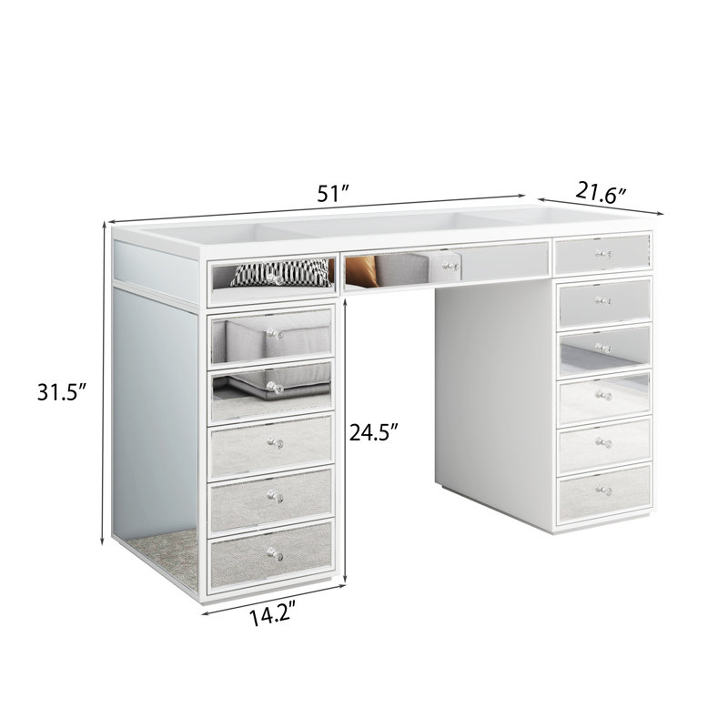 Meuble-lavabo à miroir 51 po avec 13 tiroirs style Hollywood, Blanc