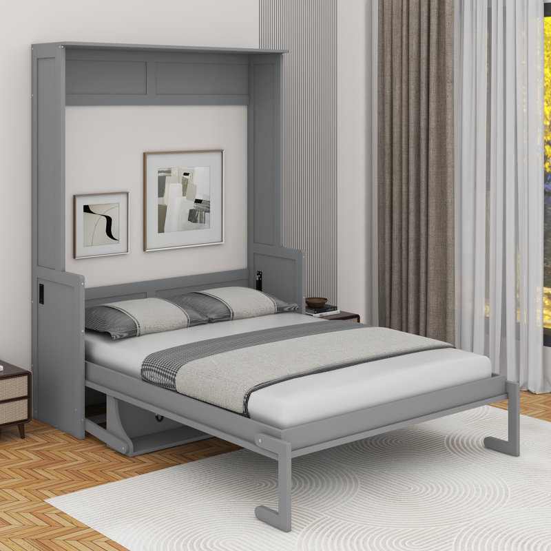 Grand lit escamotable avec bureau, DEL et USB, Gris