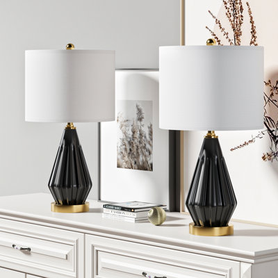24 in. Black Gold Modern Dimmable Ceramic Metal For Bedroom/Living Room Bedside Desk Nightstand Table Lamp With White Linen Drum Shade And USB Port