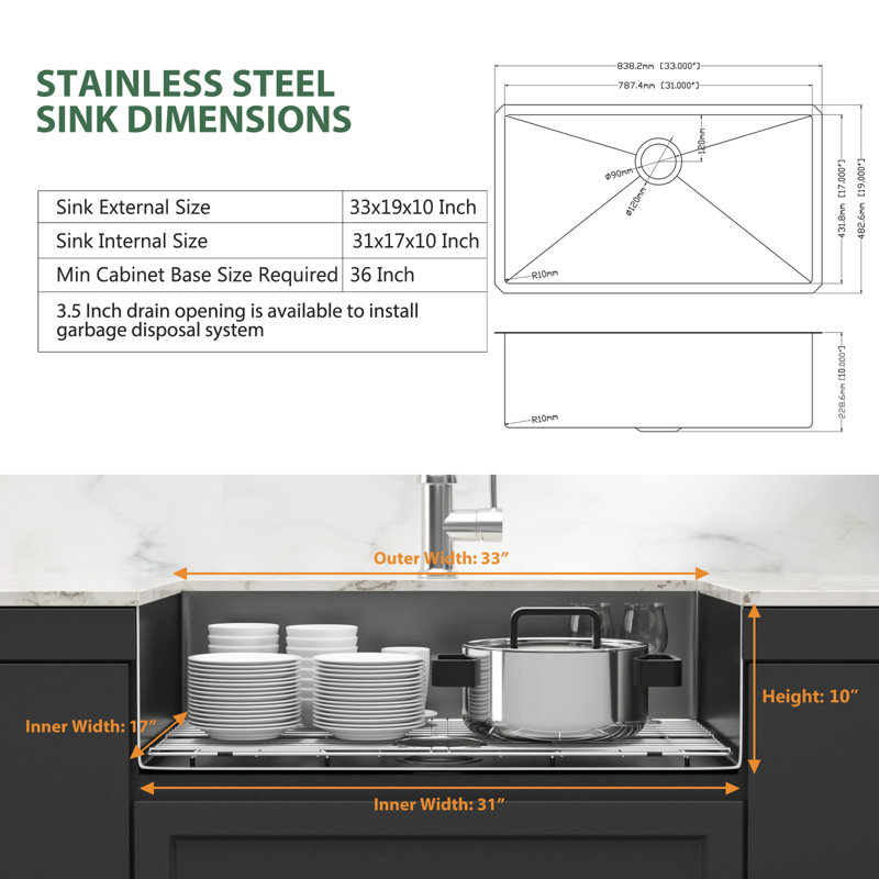 33'' L Single Bowl Stainless Steel Kitchen Sink