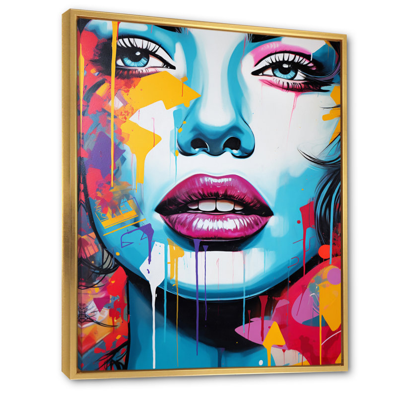 Pop Art bleu et orange, portrait de femme I - impressions d'art moderne, H 44 po x l 34 po x P 1,5 po, Cadre flottant doré