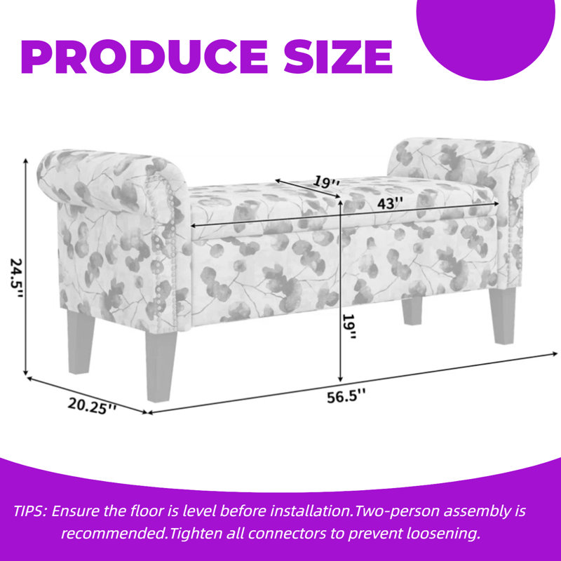 Conrad Engineered Hardwood Frame Polyester Fabric Storage Ottoman Bench, Light Gray