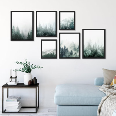 «Collage Misty Pine Tree Forest Mountain Landscape Modern Art for Living Room, Room, Office, encadré sur papier, impression de 6 pièces