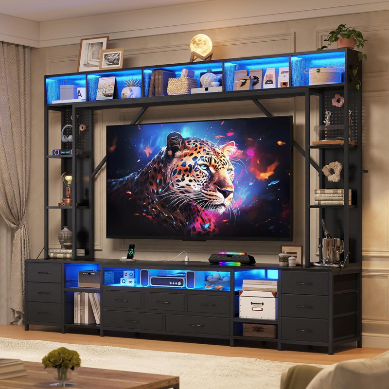 Meuble audio-vidéo pour téléviseur de 75 po ou moins, meuble télé mural avec lumières DEL, noir