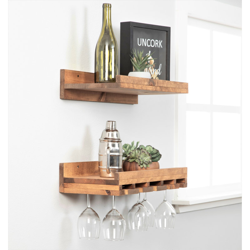 Support mural pour verres à vin en bois massif Charla, Noyer, H 4,25 po x l 24 po x P 10 po