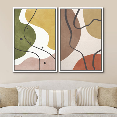 Modern Abstract Geometric " Mid-Century Retro Color Blots Abstract Geometric Modern Art Wall Decor Artwork Relax Calm " 2 Piece Art Set