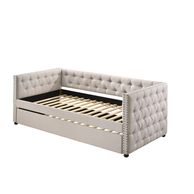Lit de jour en tissu avec lit gigogne pour toute chambre d'amis, Beige, Complète