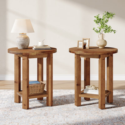 2pcs Round Solid Wood Nightstand, 2-tier Farmhouse Bedside Table For Bedroom, Living Room, Rustic Brown