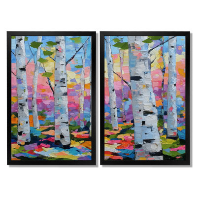 «Pink Orange Vibrant Birch Forest - Birch», art mural pour le salon, impression sur toile rose nature 2 pièces
