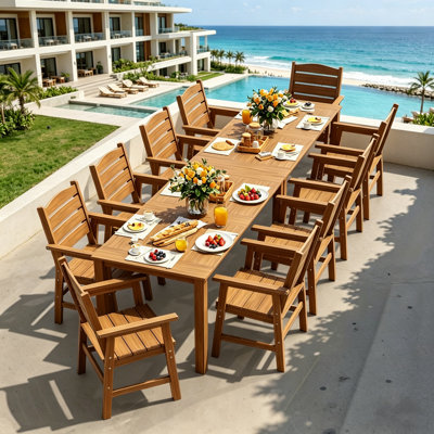 10 - Person All Weather Outdoor Table and Chairs 12 Pieces Patio Dining Sets Outside Furniture With Umbrella Hole& Aluminum Frame HIPS Modern Patio Dining Set for 10 Person For Outside Backyard/Porch/Deck, 2-Tables 10-Chairs, Teak