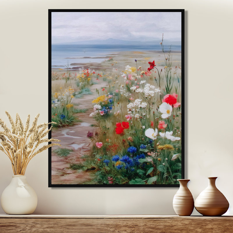 «Red Blue English Countryside Bloom of Wildflowers», reproduction d'art sur toile florale rouge, H 20 po x l 12 po, Noir
