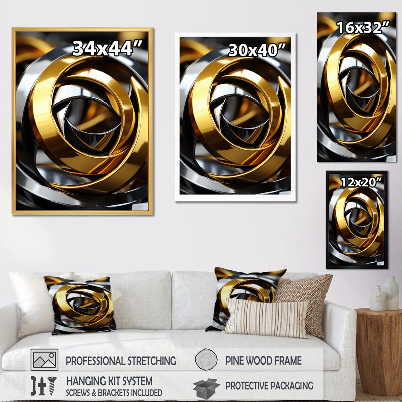Décoration murale circulaire futuriste or et argent - Spirales abstraites, Cadre flottant blanc, H 20 po x l 12 po x P 1 po