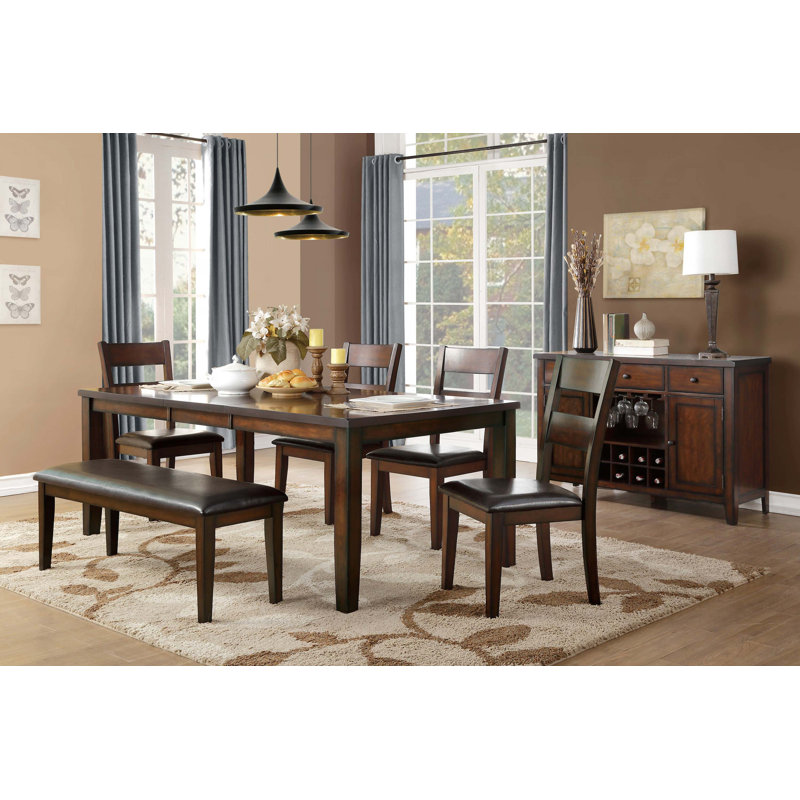 Ensemble de table de salle à manger 6 pièces en bois de cerisier avec banc à rallonge et 4 chaises d'appoint en similicuir rembourré de style durable