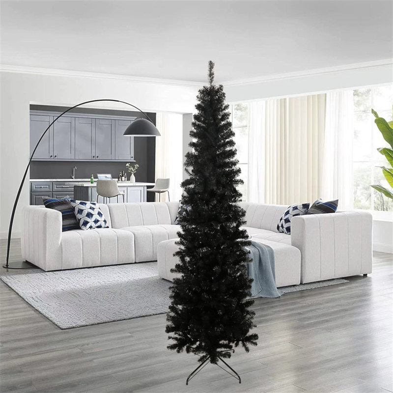 Arbre de Noël artificiel noir 7,5 pi avec support pliable en métal