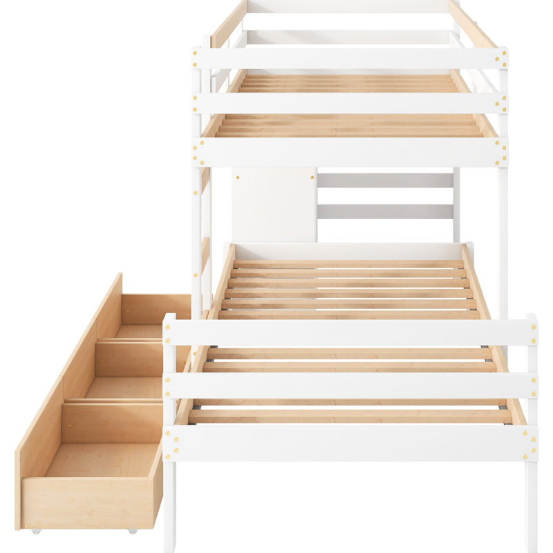 Lit superposé au dessus d'un lit mezzanine naturel avec tiroirs de rangement et lit en pin