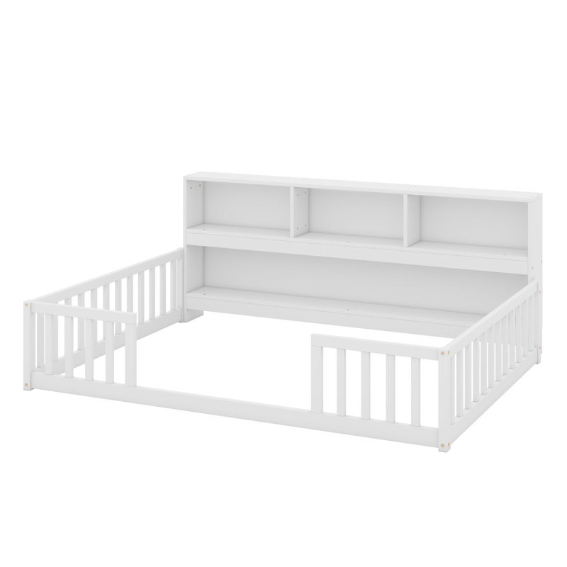 Floor Bed With Side Bookcase,Shelves,Guardrails, White