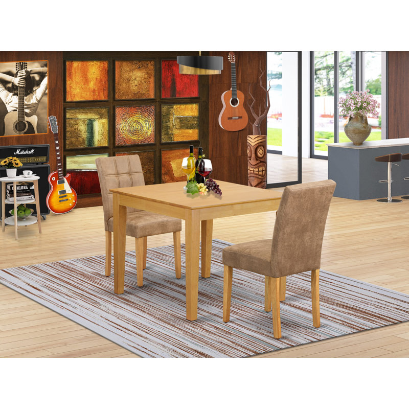 3 Piece Table Set contain A Modern Kitchen Table and 2 Brown Textured Polyester Fabric Mid Century Chairs, Oak, Oak