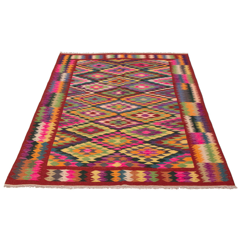 Kilim rouge foncé audacieux et coloré 6 pi 9 po x 9 pi 5 po