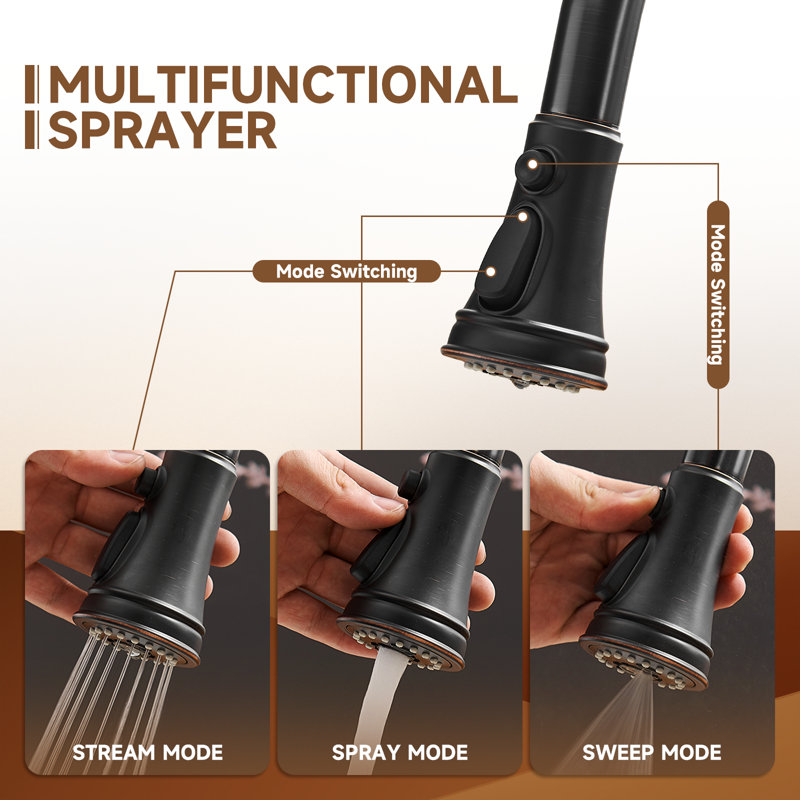Pull‑Down High‑Arc Single‑Handle Kitchen Sink Faucet with 3‑Function Spray Head and 10‑Inch Deck Plate, Modern Kitchen Faucet,Oil Rubbed Bronze