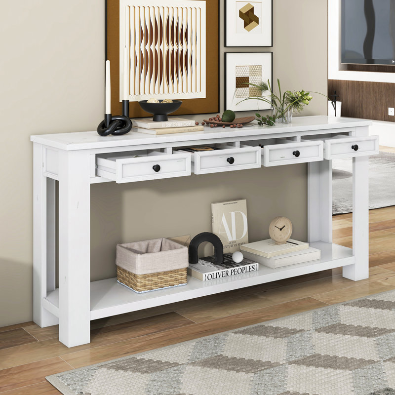 Cedric Console Table with Storage Drawers & Bottom Shelf, Antique White