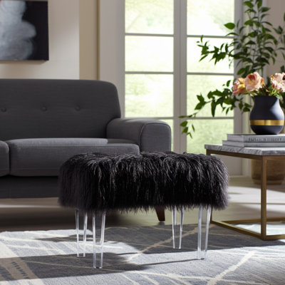 Chic Accent Bench for Bedroom, Living Room, and Dressing Room Seating – Large Upholstered with Faux Fur Top and Clear Acrylic Legs – Decorative Bench Accent for Any Home Décor Setting – 26", Black