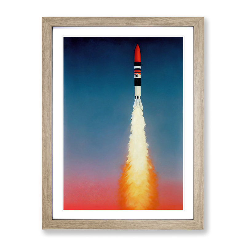 XV1022-4004X Spaceship Rocket In Flight No.1 - Single Picture Frame Print, 34cm H x 25cm W x 2cm D, Oak