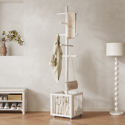 Solid Wood Freestanding Garment Rack with Storage Basket, Adjustable Caster Wheels and Solid Wood Hooks