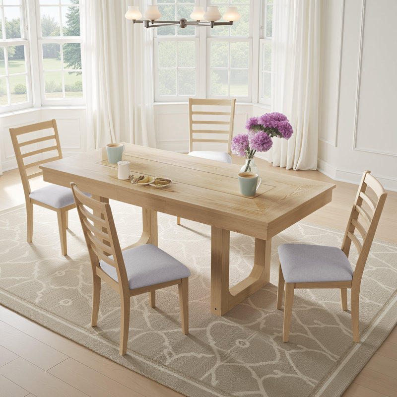 Ensemble de salle à manger extensible de style campagnard - table rustique de 60 à 78 po et 4 chaises rembourrées, 5, Naturel