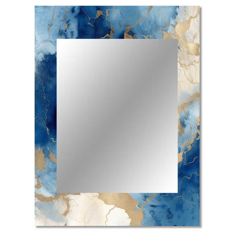 Nuage de marbre bleu et or X - Miroir décoratif abstrait sur métal, 40 po x 30 po