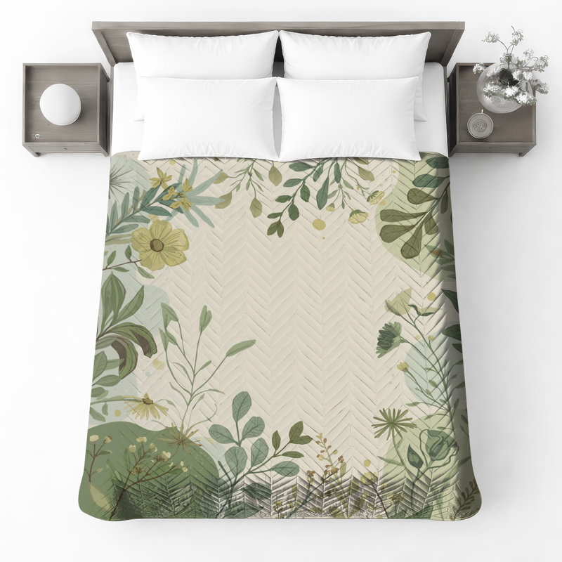 Botanical Floral Illustration Quilted Bedspread All Sizes, Full / Double