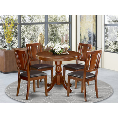 Ensemble de salle à manger 5 pièces comprenant une table de cuisine ronde avec piédestal et 4 chaises de salle à manger en similicuir, 36 x 36 pouces, acajou