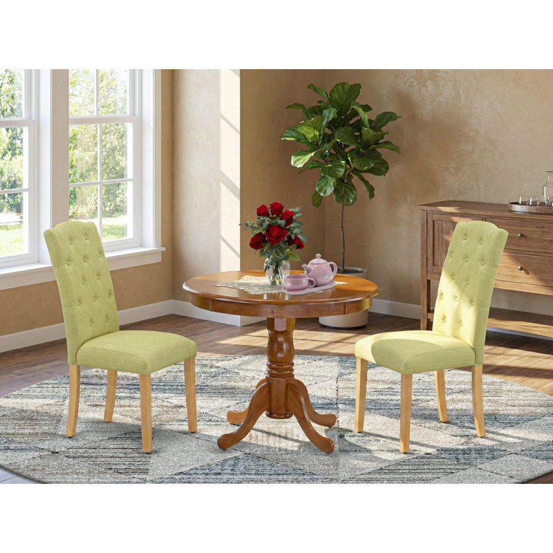 3 Piece Dining Set Contains a Round Kitchen Table with Pedestal and 2 Limelight Linen Fabric Upholstered Parson Chairs, Oak