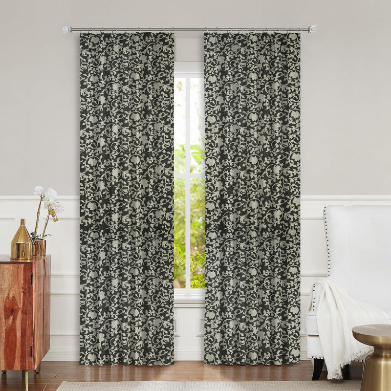 Fabdivine Black Handmade Heavy Linen Home Decorative Curtain 27x84 Inches, Floral 100% Blackout Block Print, Two-Side Panel Set with Pleated Pinch, Perfect for Living Room, Office, or Patio, Devdas