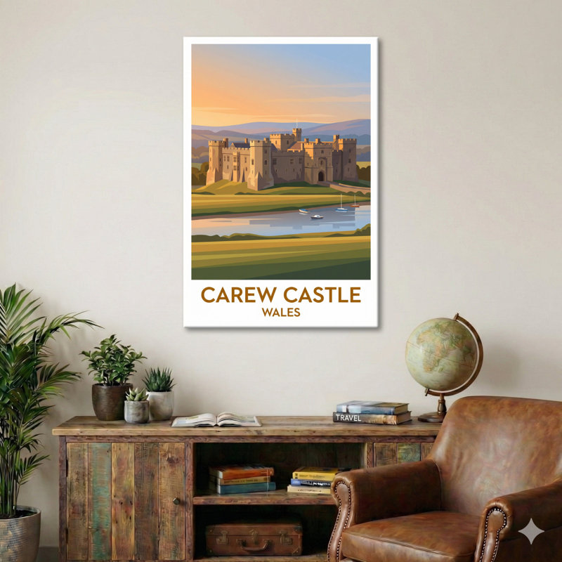 Carew Castle, Wales - Romantic Travel Poster of Medieval Pembrokeshire Castle. Giclee Print on Wrapped Canvas. Wall Art, Home Decor - Castles & Palaces, Wales 1 Piece Wrapped Canvas Wall Art